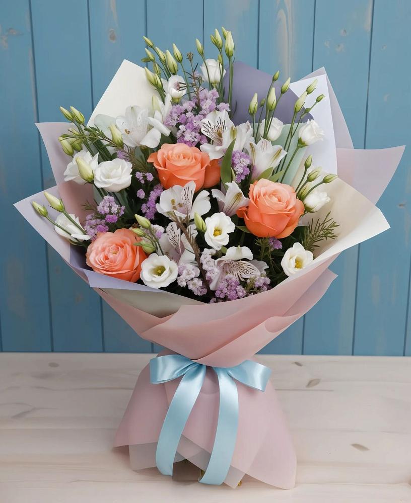 Букет цветов из: Лизиантусы, Розы, Альстромерии и Гипсофила в Сенном Краснодарский край