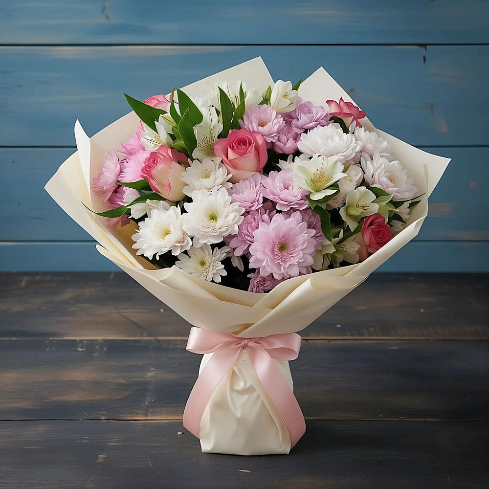 Букет цветов из: Хризантемы, Альстромерии и Розы в Сенном Краснодарский край